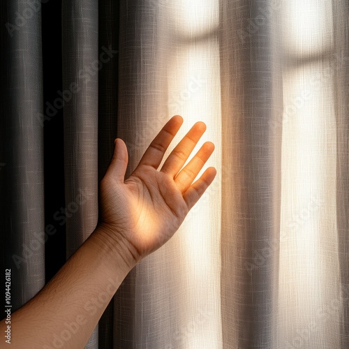 Concept of depression sadness diagnosis. A hand reaches toward soft light filtering through sheer curtains, creating a serene and inviting atmosphere.