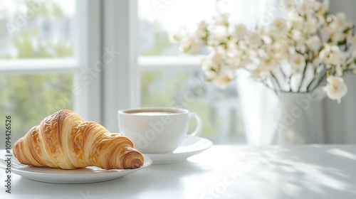 A Cup of Coffee and a Croissant by the Window on a Sunny Morning. AI Generated