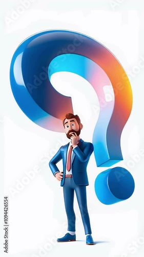 A thoughtful 3D businessman standing next to a large glowing question mark, hand on chin