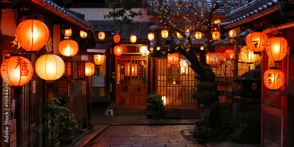 Obraz premium Nighttime building illuminated with glowing lanterns in a serene setting