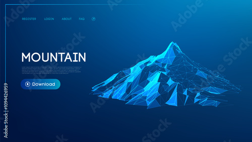 Futuristic polygonal low poly mountain illustration with glowing blue tones and digital grid design