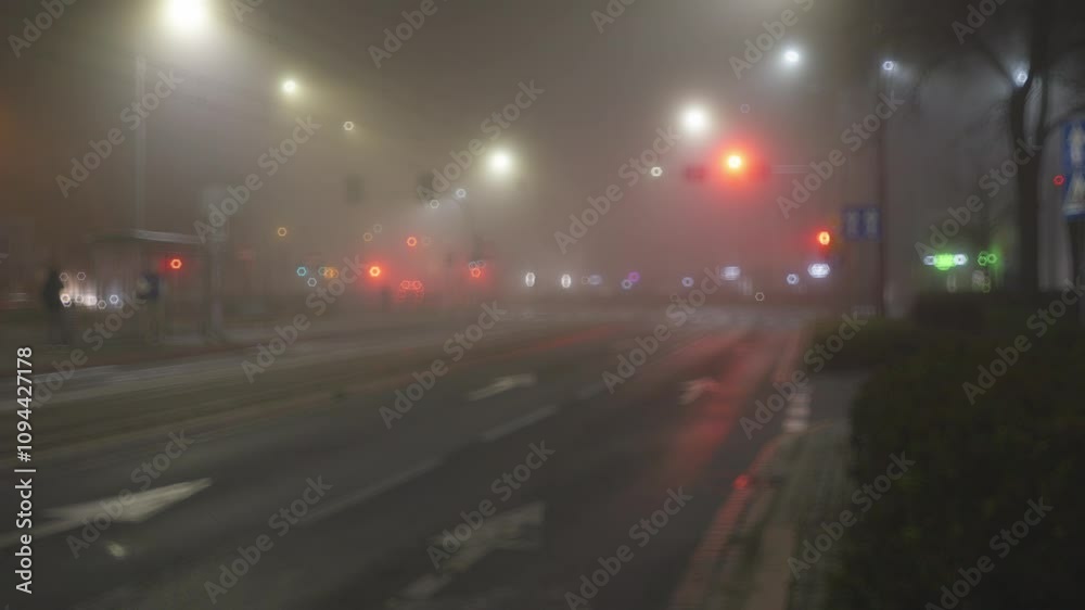 Heavy fog and smog engulf a city street at night, as car, tram, and bus lights pierce through the mist, highlighting the city's air pollution. Heavy fog and smog engulf a city street at night, as car, tram, and bus lights pierce through the mist, highlighting the city's air pollution.