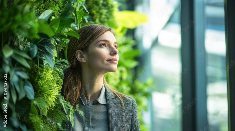 European woman exploring green investment options at a premium bank in Zurich, Switzerland