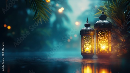 Two ornate lanterns glow softly in a misty, tropical setting, creating a serene atmosphere.