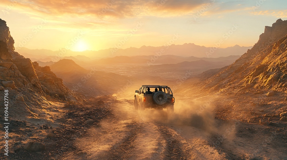 Fototapeta premium Off-Road Sunset Adventure - 3D Rendering of Couple on Thrilling Road Trip through Rocky Canyon Terrain