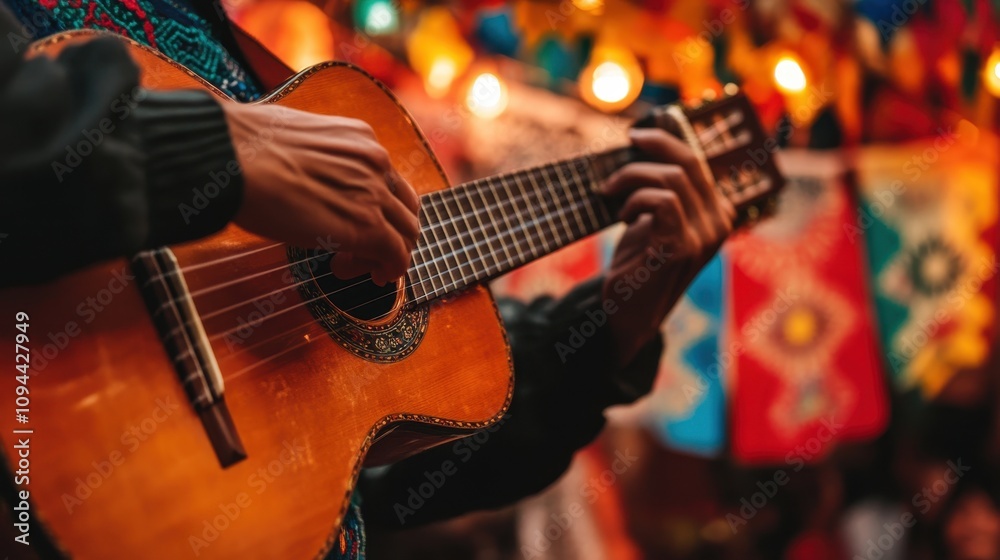 Obraz premium Hands strum a Chilean guitar as vibrant festival banners sway behind