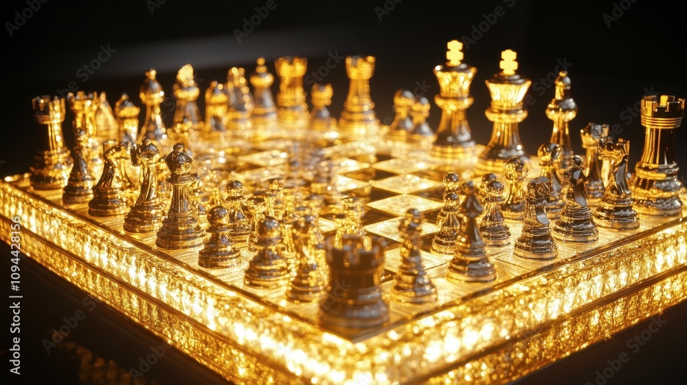 Exquisite Gold Chess Set Gleaming Under Soft Light, Showcasing Intricate Details of Each Piece on Luxurious Board with Clear Reflection