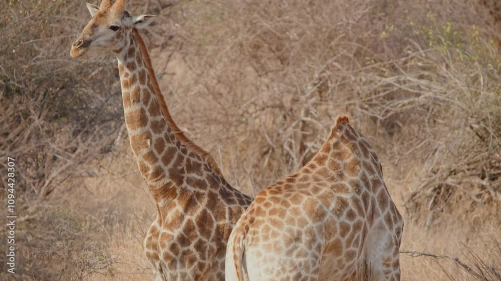 Two giraffes in South Africa Kruger Park swing necks at each other in social display Two giraffes in South Africa Kruger Park swing necks at each other in social display