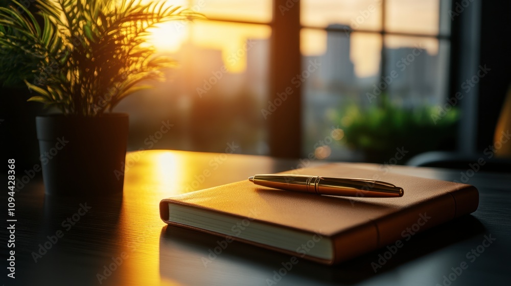 Elegant workspace scene with a notebook and pen illuminated by warm sunlight during sunset, featuring green plant and urban background in a modern office setting. Elegant workspace scene with a notebook and pen illuminated by warm sunlight during sunset, featuring green plant and urban background in a modern office setting.