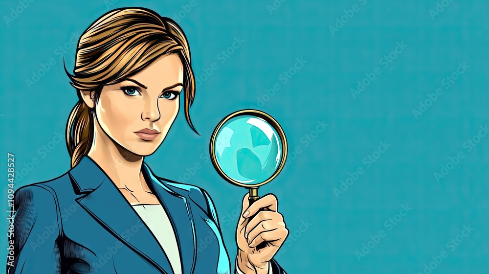 Confident Caucasian woman in a blue suit holds a magnifying glass, symbolizing investigation and curiosity. Confident Caucasian woman in a blue suit holds a magnifying glass, symbolizing investigation and curiosity.