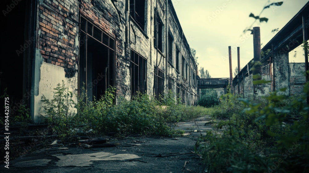 An abandoned factory overgrown with weeds, Symbolizing the decline of industrial towns, photography style An abandoned factory overgrown with weeds, Symbolizing the decline of industrial towns, photography style