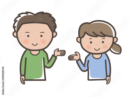 説明（案内）をするイメージの若い男女カップルの上半身イラスト