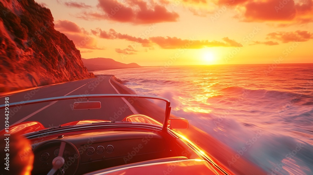 Adventurous Family Road Trip: 3D Render of Convertible Car Driving along Coastal Highway at Sunset Adventurous Family Road Trip: 3D Render of Convertible Car Driving along Coastal Highway at Sunset
