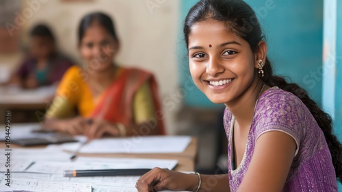 Indian student benefiting from a microloan program at a rural banking center in Jaipur, India