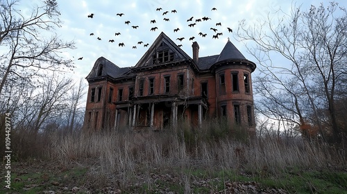 Abandoned Victorian Mansion Amidst a Flock of Birds on a Cloudy Day. AI Generated photo