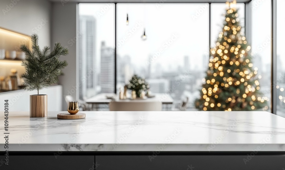 A white marble countertop with a small plant and a golden ornament. AI. A white marble countertop with a small plant and a golden ornament. AI.
