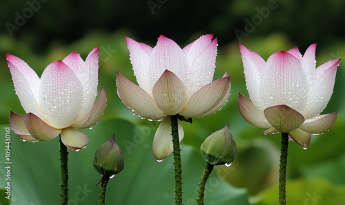 White lotus flowers with pink edges, covered in raindrops. AI. photo