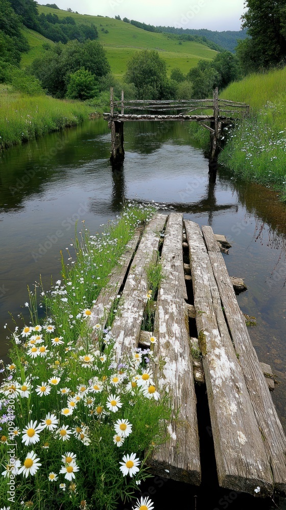 A serene wooden dock surrounded by wildflowers beside a calm river. A serene wooden dock surrounded by wildflowers beside a calm river.