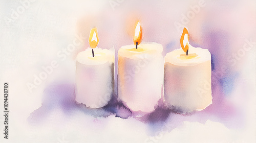 Candle symbolising Jesus as the Light of the World Christian symbols and icons cute soft watercolor painting on white backgorund with copy space jesus, pray, spirituality, hope, passion, spiritual,