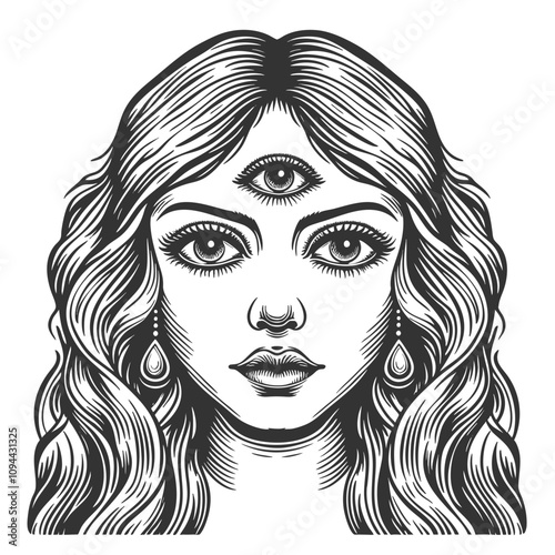 woman with a third eye, symbolizing intuition and mysticism in vintage style sketch engraving generative ai fictional character vector illustration. Scratch board imitation. Black and white image.
