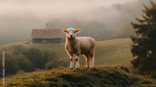 Wallpaper Mural Serene Landscape with a Sheep Standing Gracefully in a Misty Meadow Surrounded by Lush Green Hills and a Countryside House in the Distance Torontodigital.ca