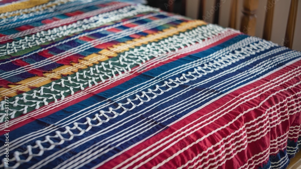 A vibrant, multicolored textile featuring intricate patterns, showcasing craftsmanship with a blend of reds, blues, and yellows. A vibrant, multicolored textile featuring intricate patterns, showcasing craftsmanship with a blend of reds, blues, and yellows.