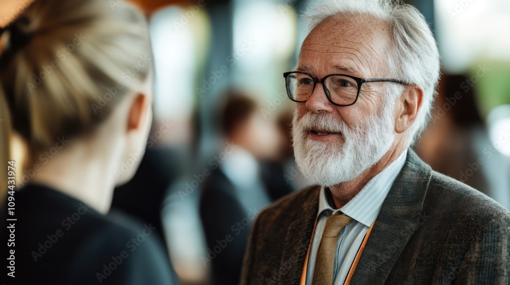 Scandinavian retiree discussing ethical investment banking at a sustainability conference in Copenhagen, Denmark