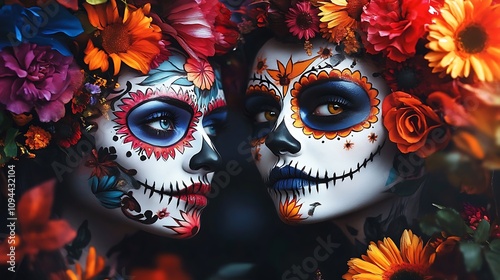 Day of the Dead Makeup Amidst Vibrant Floral Blooms. AI Generated