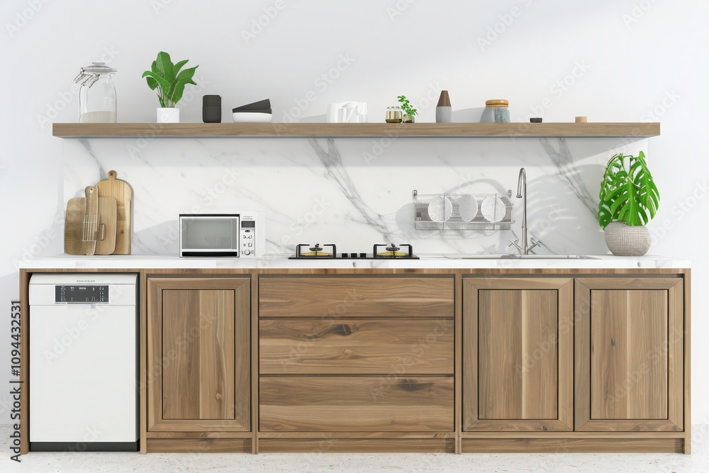 Fototapeta premium Modern kitchen counter with wood cabinets, marble backsplash, and black faucet