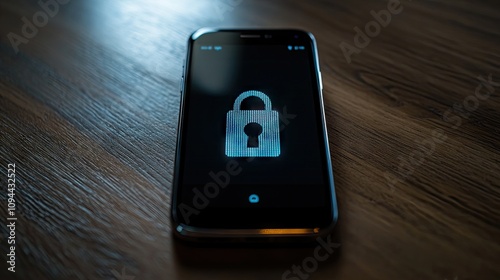 Smartphone Displaying Digital Lock Symbol on Dark Surface, Representing Security, Privacy, Technology, Protection, and Modern Communication in a Contemporary Setting photo