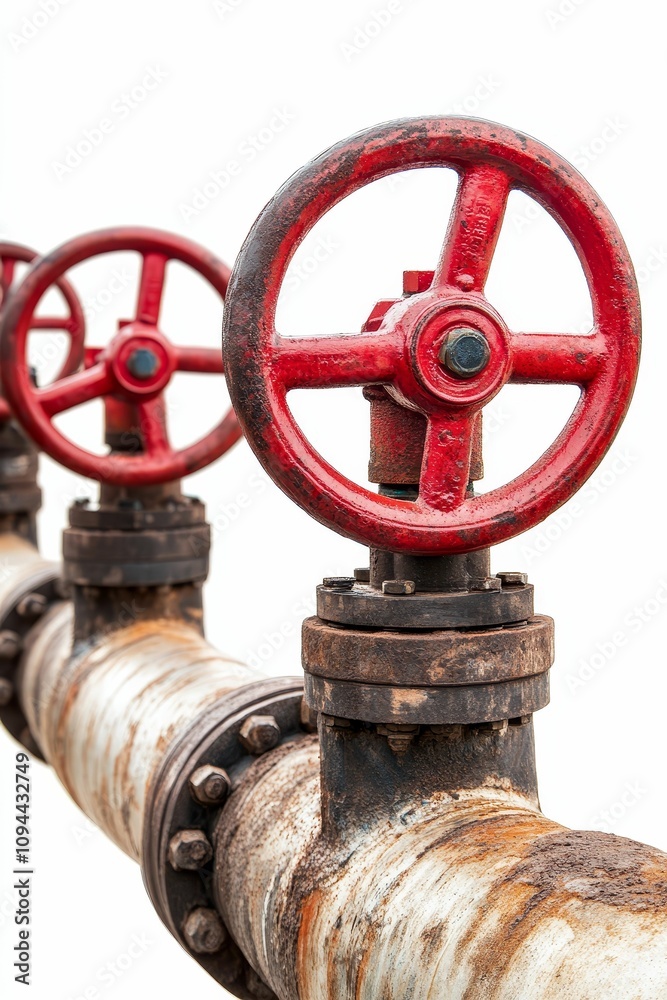 Rusty pipe with red valve wheels. Rusty pipe with red valve wheels.