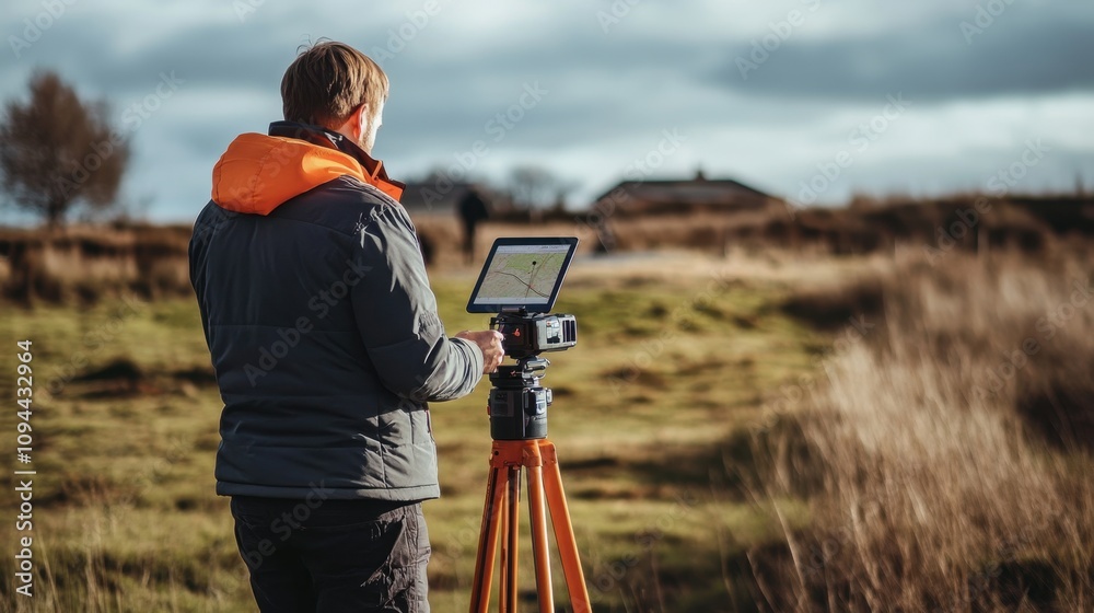 Surveyor in the field uses modern GPS tools with a tablet and a tripod to mark the boundaries of building plots