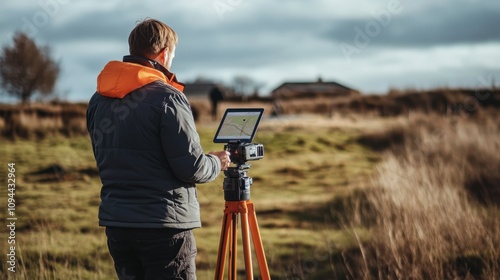 Obraz na płótnie Surveyor in the field uses modern GPS tools with a tablet and a tripod to mark the boundaries of building plots w salonie