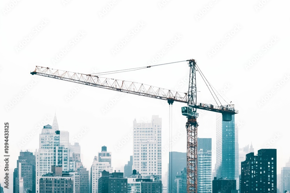 Construction crane overlooks city skyline. Construction crane overlooks city skyline.