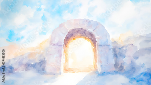 Resurrection of Jesus The tomb is discovered to be empty Life of Jesus Digital watercolor painting cute soft watercolor painting on white backgorund with copy space jesus, pray, spirituality, hope, photo