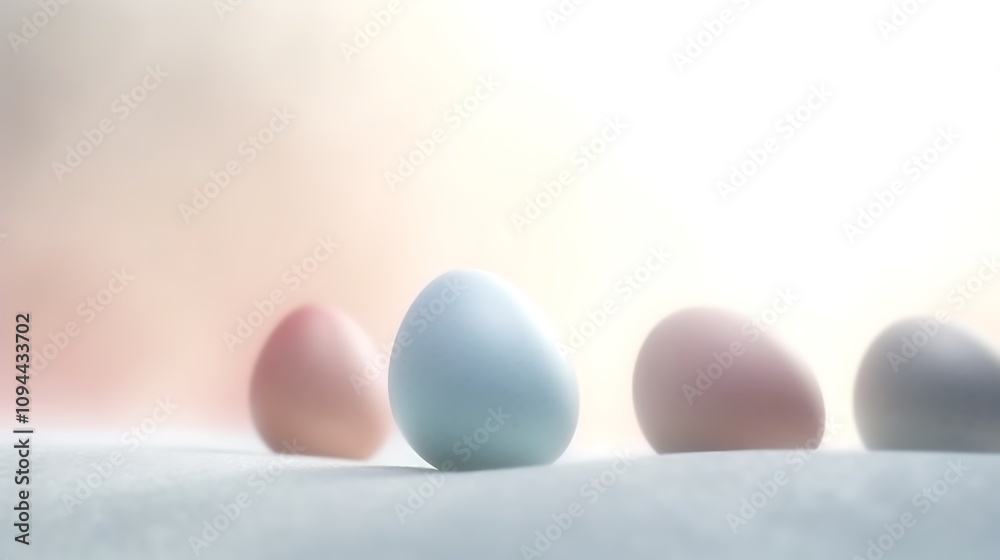 Pastel colored eggs sit in a row on a soft surface Pastel colored eggs sit in a row on a soft surface