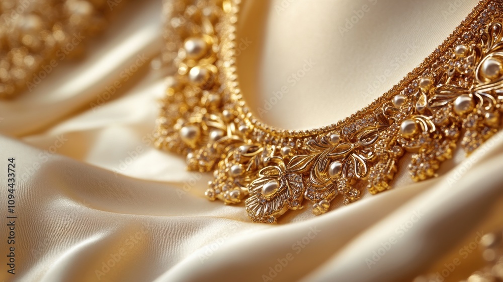 Exquisite Close-Up of Ornate Gold Jewelry with Pearls on Luxurious Satin Fabric, Showcasing Intricate Details and Elegant Design Exquisite Close-Up of Ornate Gold Jewelry with Pearls on Luxurious Satin Fabric, Showcasing Intricate Details and Elegant Design