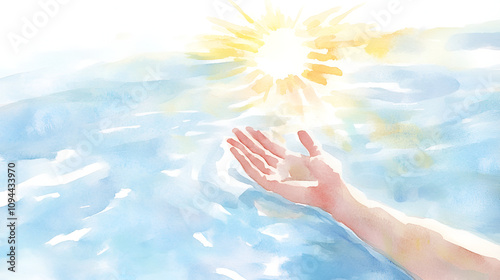 Close up of human hand reaching out to the sun in the water cute soft watercolor painting on white backgorund with copy space jesus, pray, spirituality, hope, passion, spiritual, believe, holy, photo