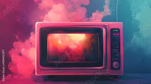 Retro Microwave Glowing in Neon Light with Smoke Effects. AI Generated