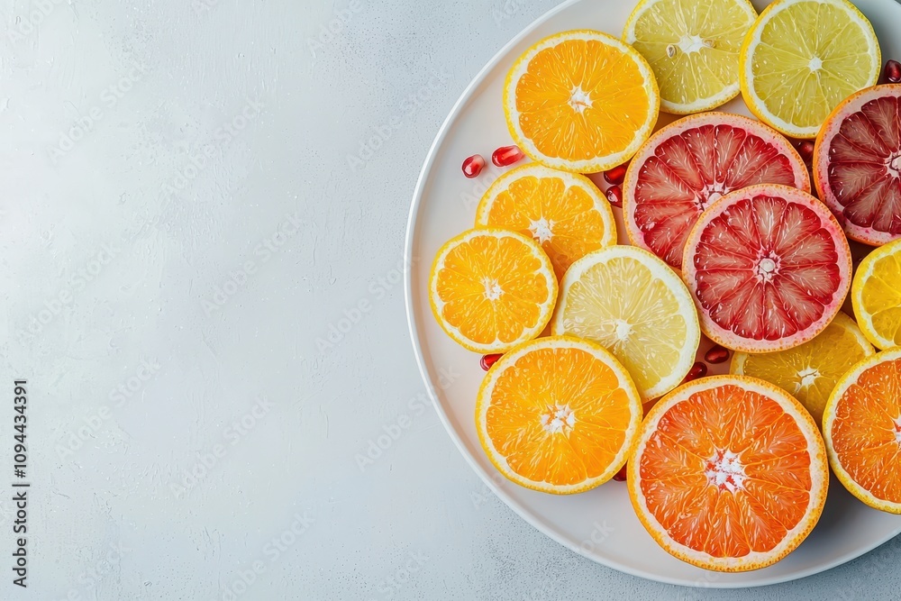 Citrus Symphony: A vibrant arrangement of sliced oranges, grapefruits, and lemons on a plate, creating a refreshing and colorful still life. Citrus Symphony: A vibrant arrangement of sliced oranges, grapefruits, and lemons on a plate, creating a refreshing and colorful still life.