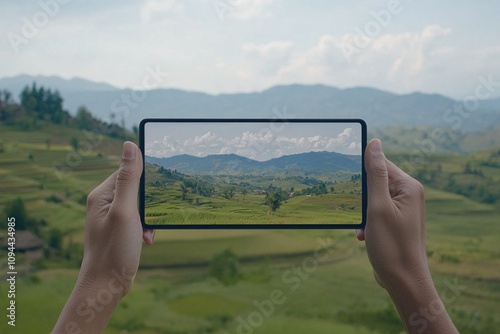 Capturing nature's beauty a scenic landscape view rural area photography open terrain hands holding phone