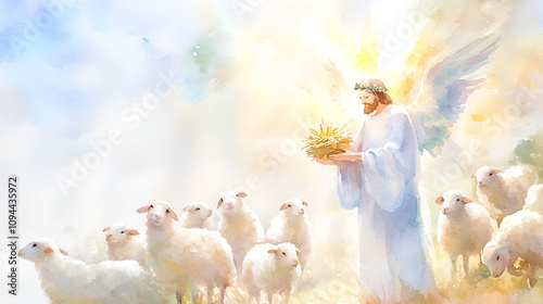 Angelic announcement to the shepherds Digital watercolor painting cute soft watercolor painting on white backgorund with copy space jesus, pray, spirituality, hope, passion, spiritual, believe, holy, photo