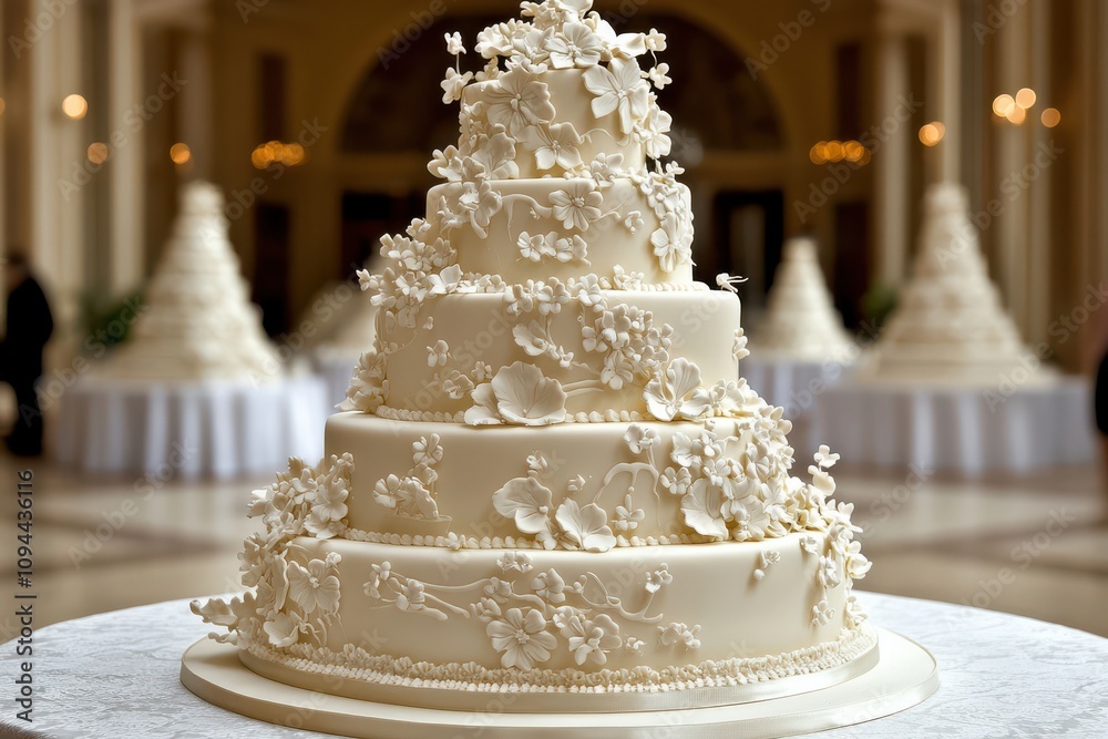 Fototapeta premium A white wedding cake with flowers on it is displayed on a table