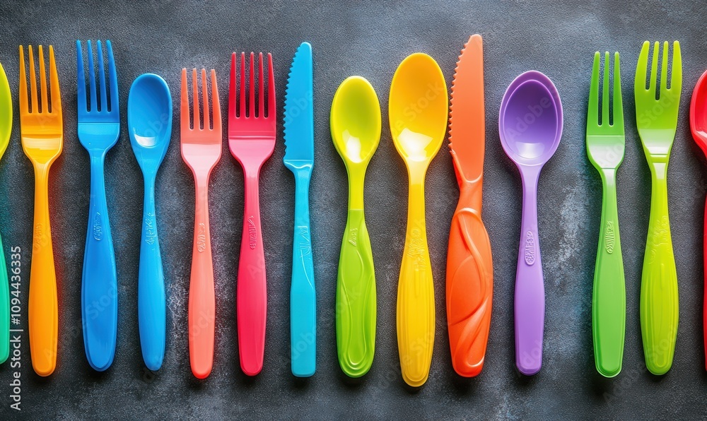 Colorful array of children's plastic cutlery on a textured surface. Colorful array of children's plastic cutlery on a textured surface.