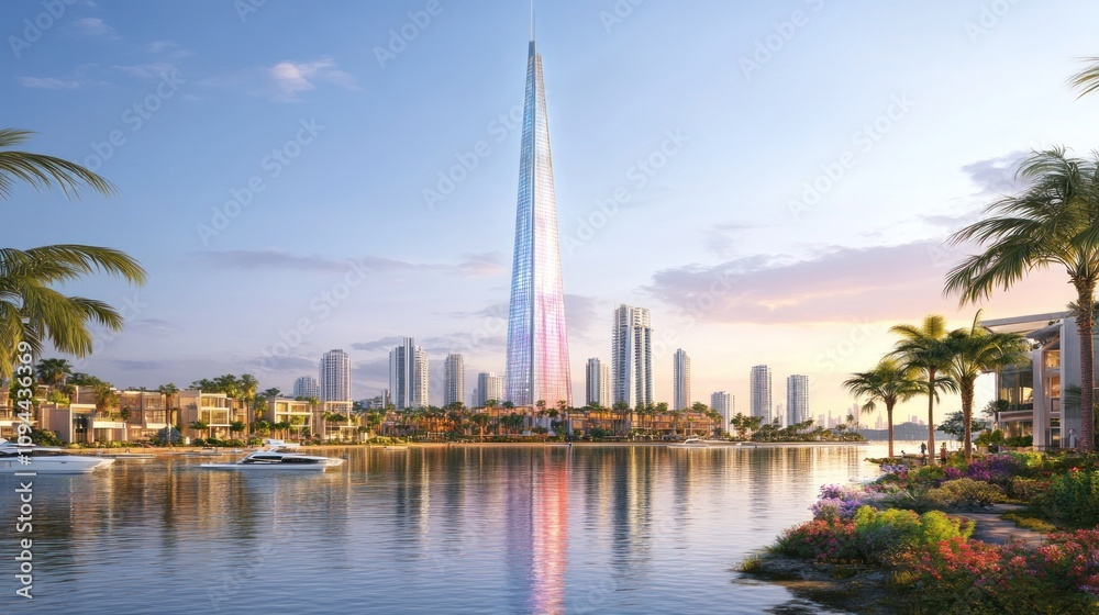 Obraz premium A futuristic skyline featuring a towering structure beside a serene waterfront.