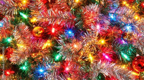 Colorful Christmas Tree Decorations with Sparkling Lights and Tinsel Creating a Festive Atmosphere for Holiday Celebrations and Seasonal Cheer