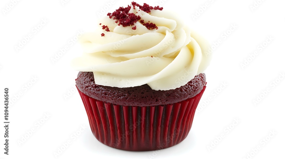 Create a professional, close-up image of a red velvet cupcake on a clean white background, using studio lighting. The cupcake has a deep, rich red color with a soft, velvety texture, topped Create a professional, close-up image of a red velvet cupcake on a clean white background, using studio lighting. The cupcake has a deep, rich red color with a soft, velvety texture, topped