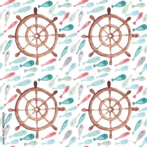 Seamless pattern with watercolor fish and steering wheel. photo