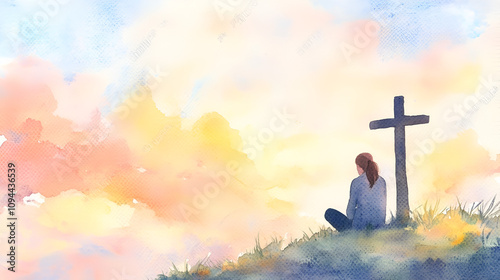 Silhouette of a woman sitting on the grass praying in front of a cross at sunset cute soft watercolor painting on white backgorund with copy space jesus, pray, spirituality, hope, passion, spiritual, photo