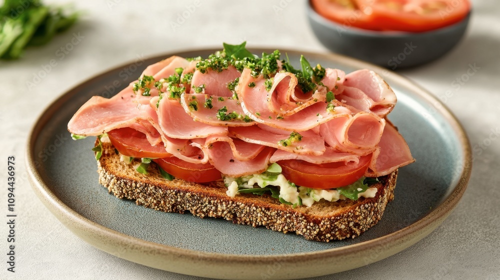 Delicious Open-Faced Sandwich with Layers of Ham, Fresh Tomato Slices, and Sprinkled Green Herb Garnish on Nutty Grain Bread Served on a Rustic Plate Delicious Open-Faced Sandwich with Layers of Ham, Fresh Tomato Slices, and Sprinkled Green Herb Garnish on Nutty Grain Bread Served on a Rustic Plate